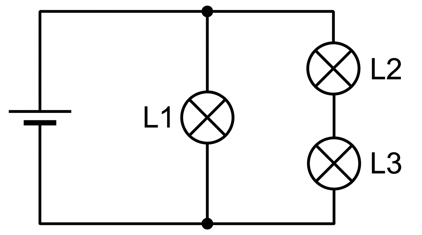 Circuit diagram: a battery with two branches in parallel across it, one holding lamp L1 alone and the other holding lamps L2 and L3 in series.