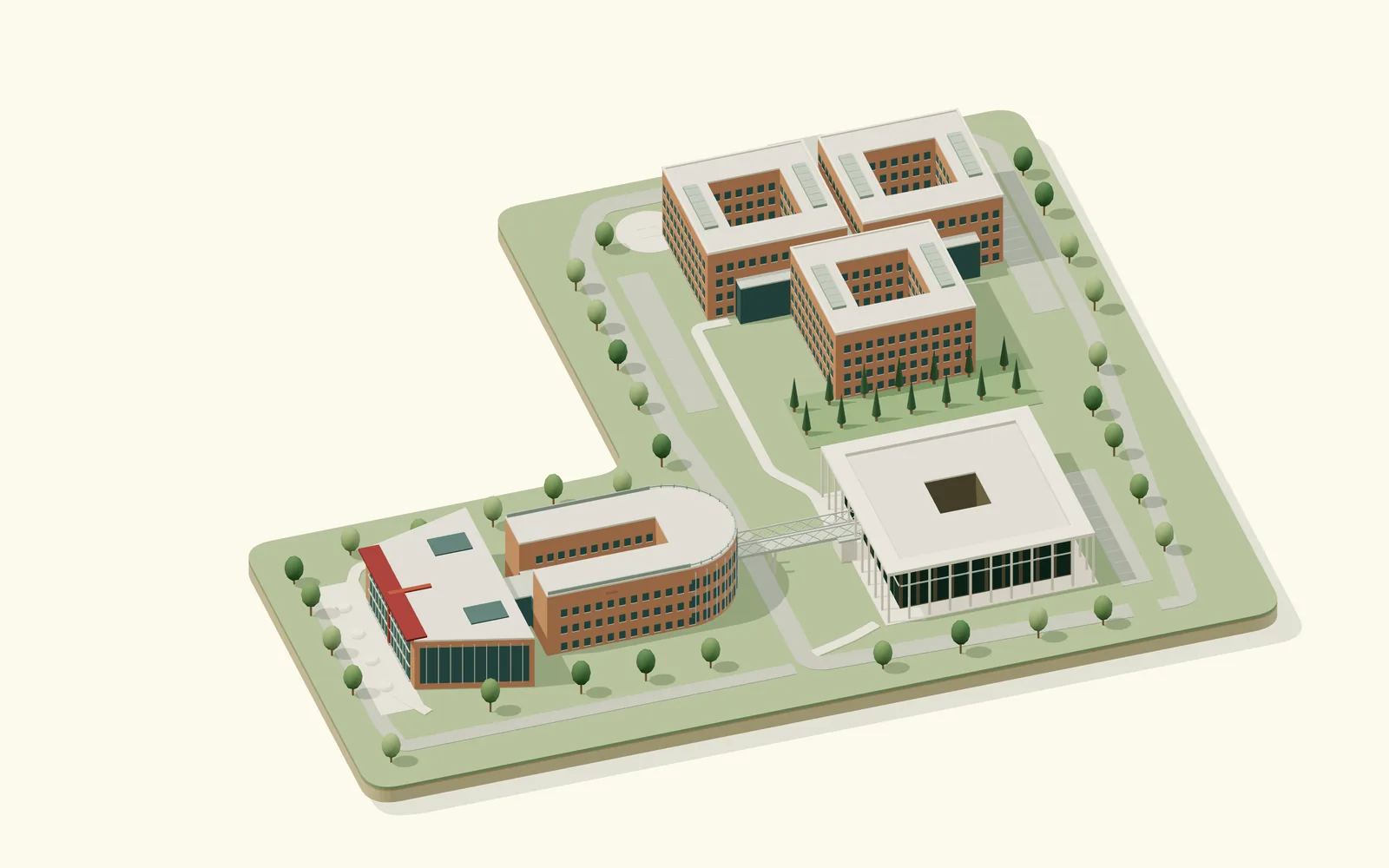 Stylized model of Campus Bio-Medico's campus in Rome: the Trapezio teaching building, the PRABB research centre, the Cu.Bo and the university hospital's courtyard blocks.
