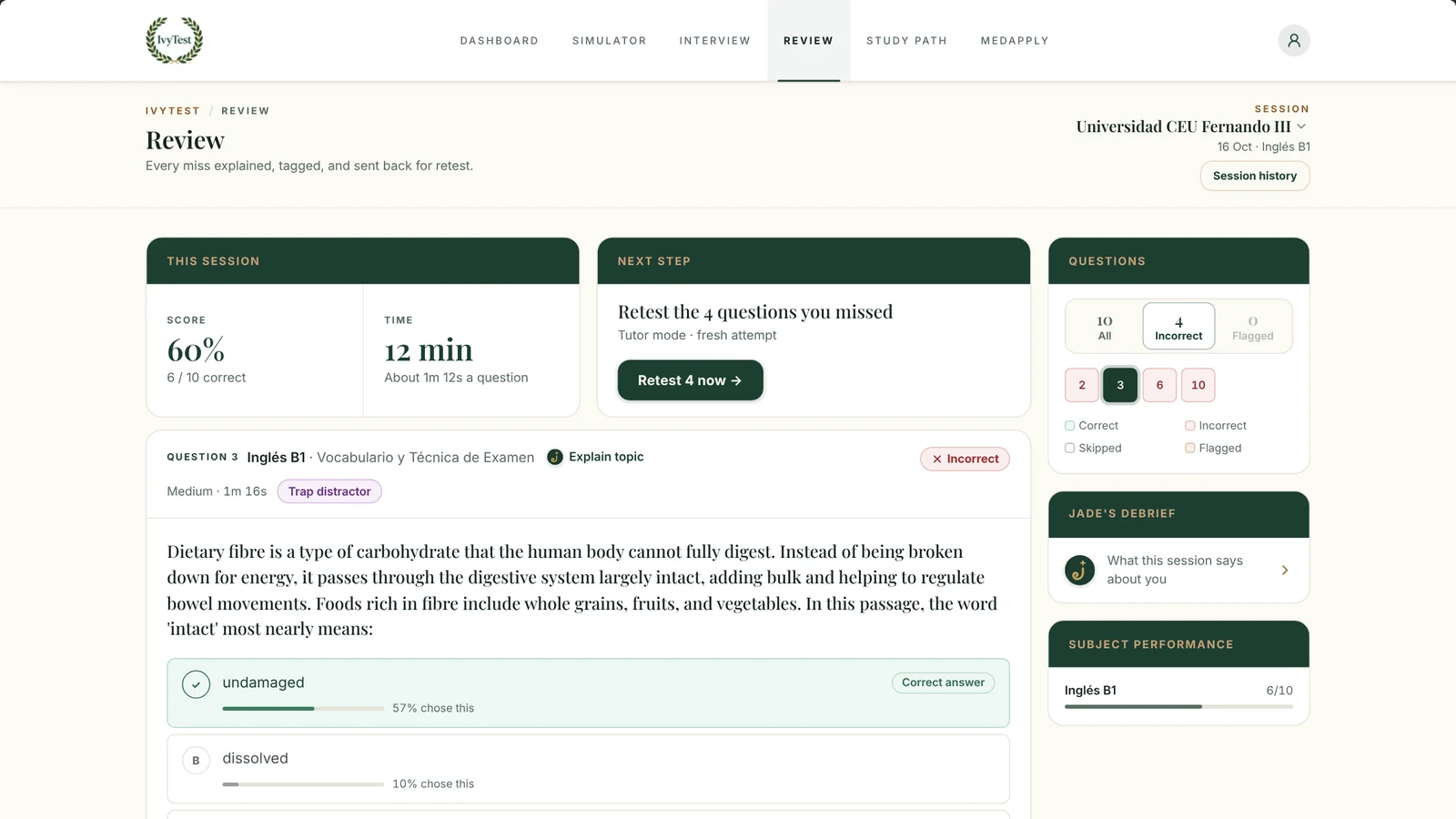 The IvyTest simulator reviewing a CEU Fernando III English B1 session: the score, a missed vocabulary question with how often each option was chosen, and a retest of the missed questions