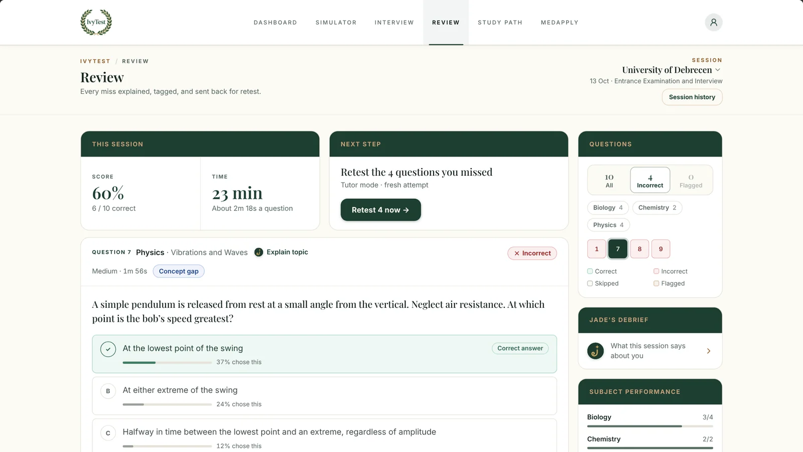 The IvyTest simulator reviewing a University of Debrecen practice session: the score, a Physics question on the pendulum with how often each option was chosen, and a retest of the missed questions