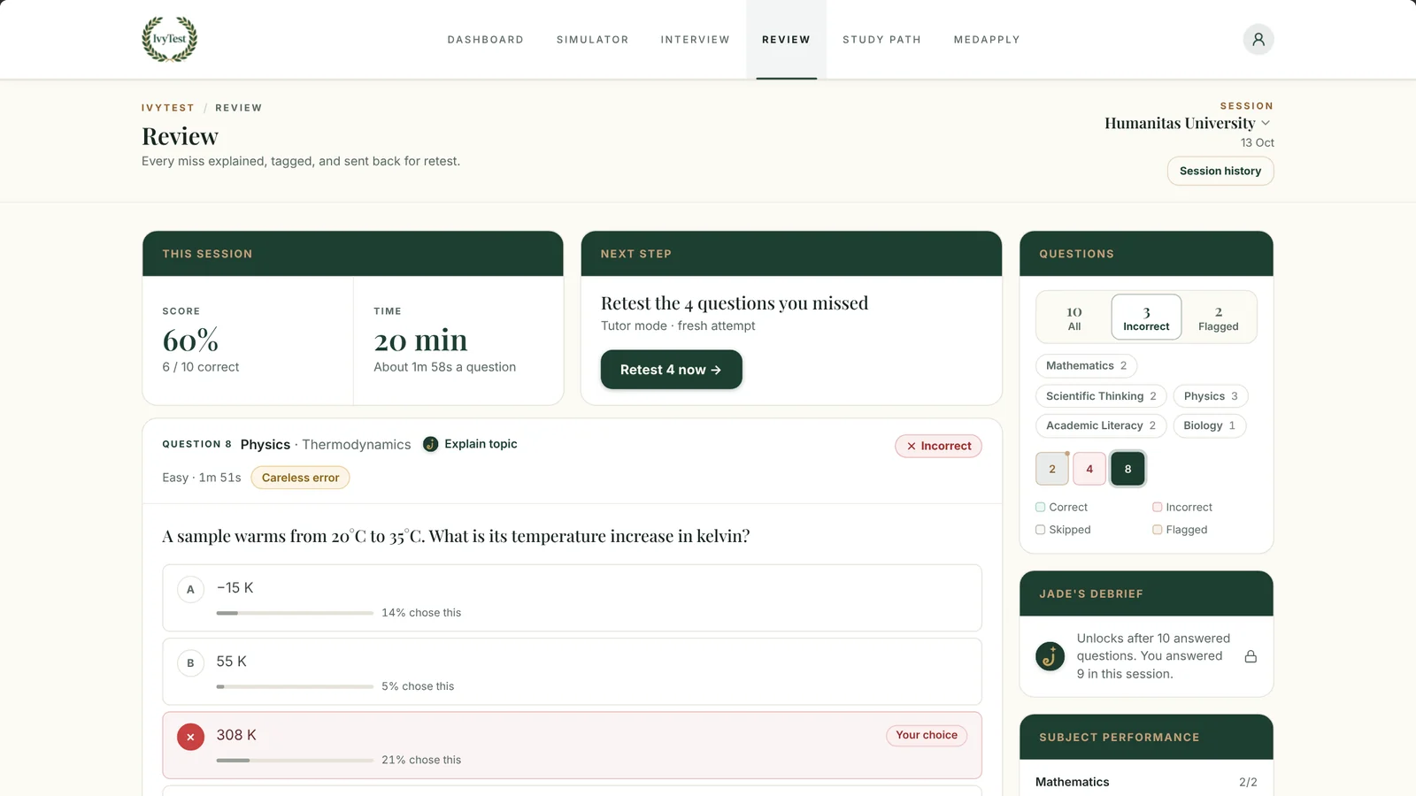 The IvyTest simulator reviewing a Humanitas practice session: the score, a missed Physics question with how often each option was chosen, and a retest of the missed questions