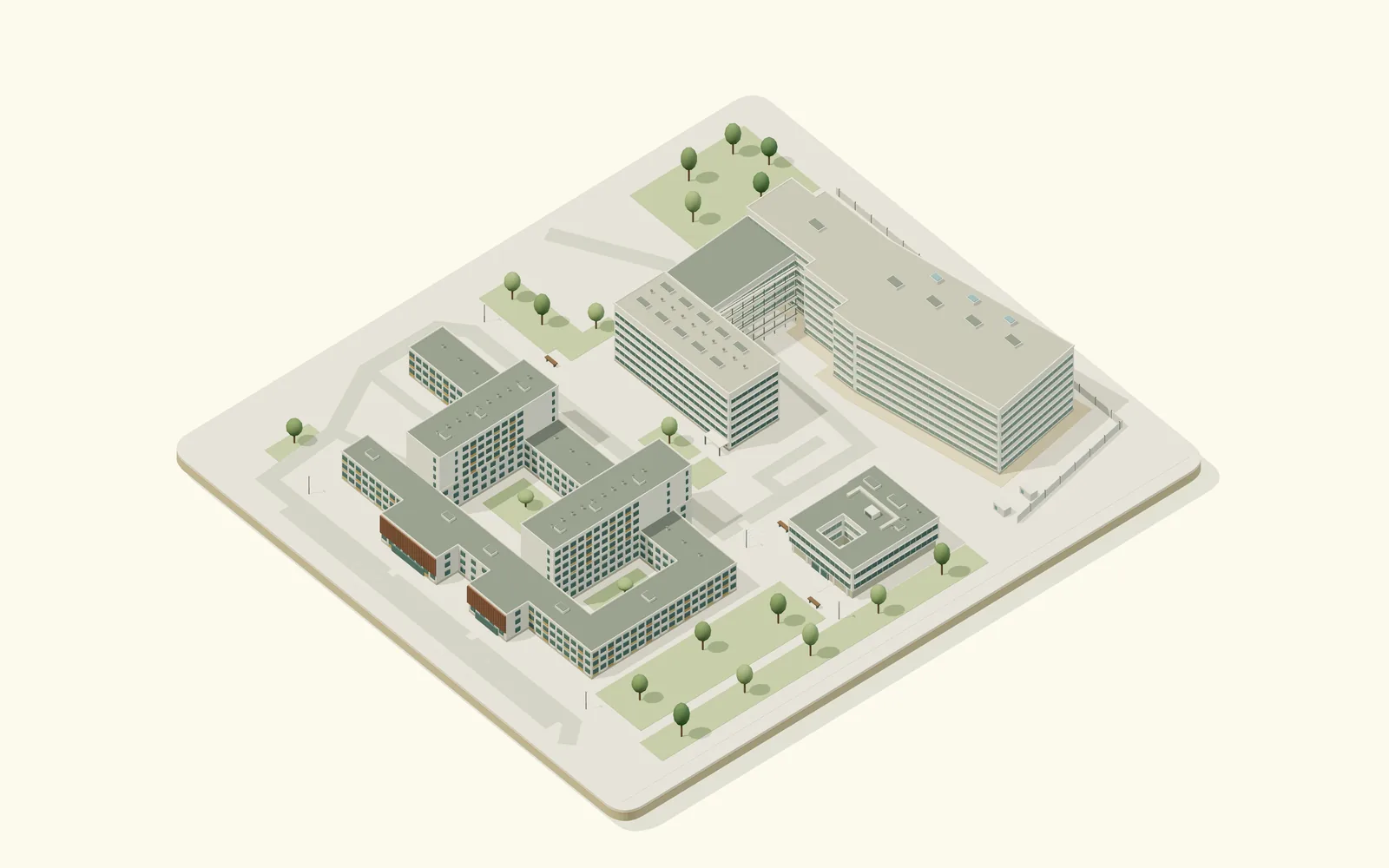 Stylized model of UJ Collegium Medicum's Medical Campus in Prokocim, Kraków: the Medical Library and CIEM, the Faculty of Pharmacy around its courtyards, Research Building A and Teaching Building B under construction.